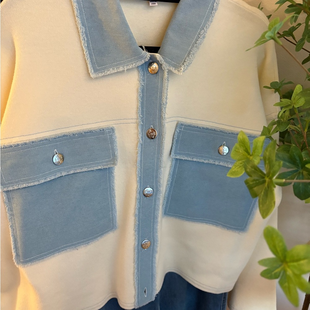 Nanette Lepore Cream and Blue Cardigan - Picture 3 of 5